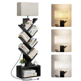 Evermagin 6 Tier Tree Bookshelf with Light, Small Bookcase Tower for Books/CDs/Movies, Sturdy Tall Floor Standing Book Organizer with Storage Cabinet for Living Room, Bedroom and Home Office (Black) Evermagin