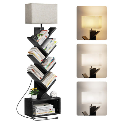Evermagin 6 Tier Tree Bookshelf with Light, Small Bookcase Tower for Books/CDs/Movies, Sturdy Tall Floor Standing Book Organizer with Storage Cabinet for Living Room, Bedroom and Home Office (Black)