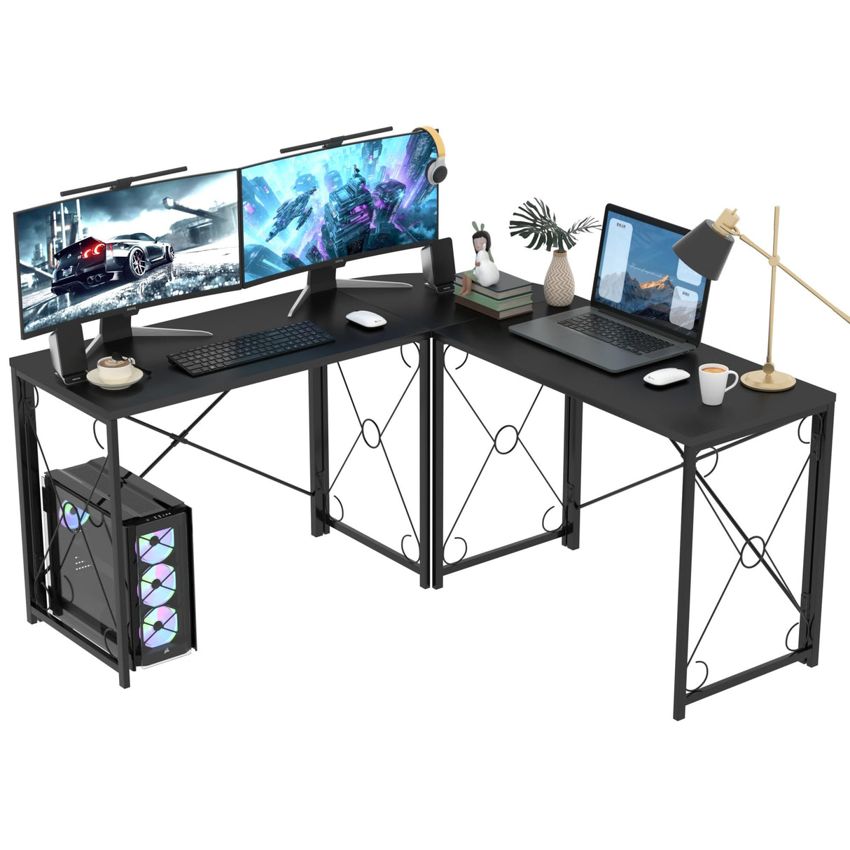 VECELO 59"x59" L Shaped Desk for Computer Gaming Multi-Usage Long 2 Person Table for Home Office Sturdy Writing Workstation, Easy Assembly/Saving Space, Black VECELO