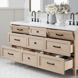 ARIEL Monroe 72 inch Double Bathroom Vanity with Sink in White Oak, 1.5" Edge Carrara White Quartz Countertop and Backsplash, Rectangle Sink, Soft Closing Doors, Dovetail Drawers, Matte Black ARIEL