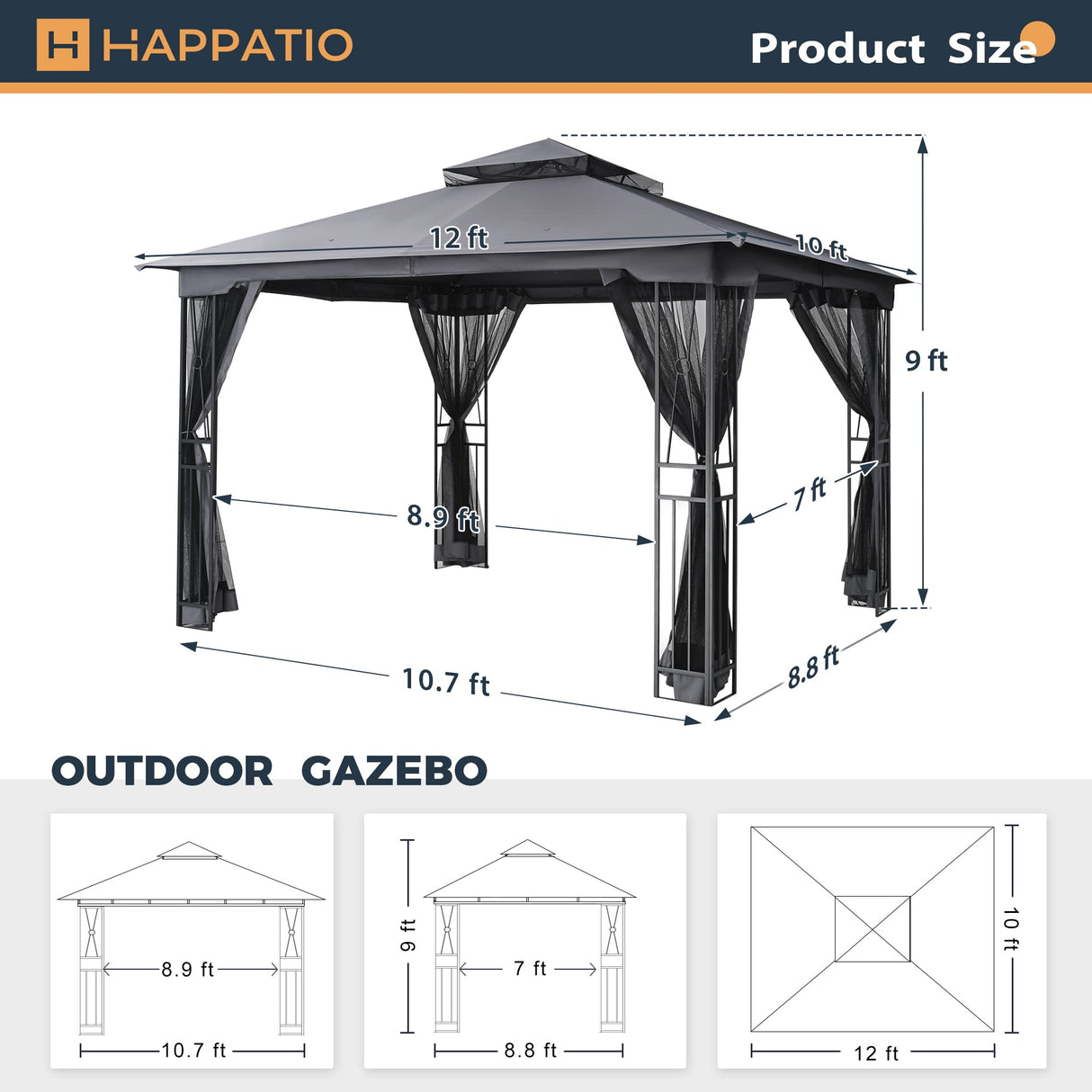 HAPPATIO 10' X 12' Patio Gazebo with Ventilation Double Roof，Outdoor Gazebo with Mosquito Netting for Lawn, Garden (Grey) HAPPATIO