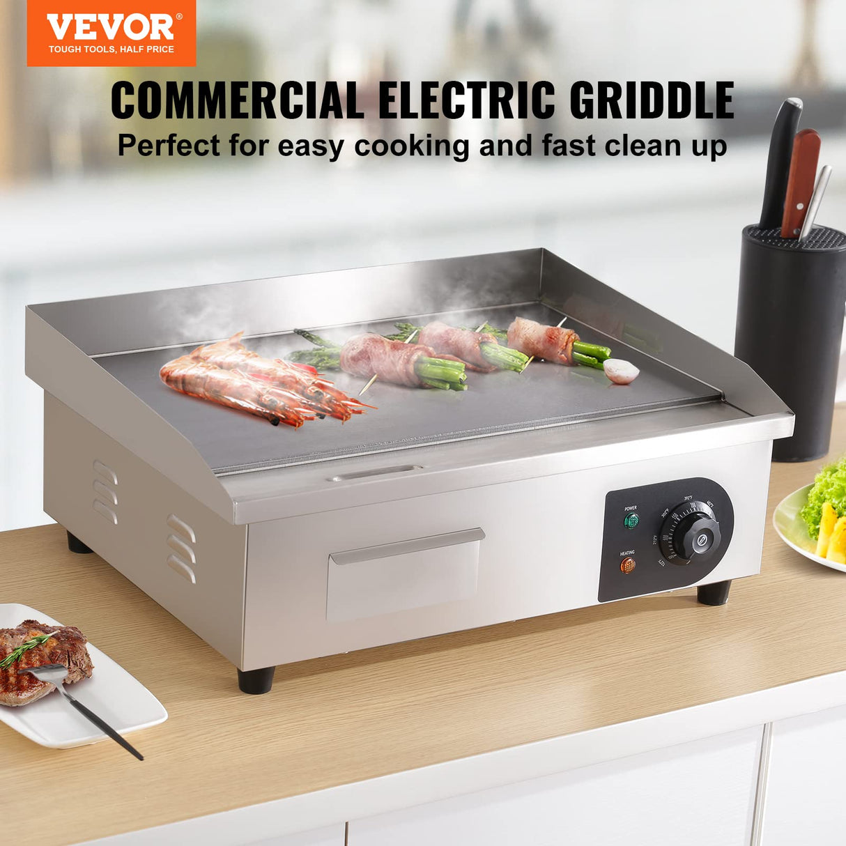 VEVOR Commercial Electric Griddle, 22", 1600W Countertop Flat Top Griddle, Stainless Steel Teppanyaki Grill w/Iron Cooking Plate, 122-572℉ Adjustable Temp Control 2 Shovels & Brushes, 110V VEVOR