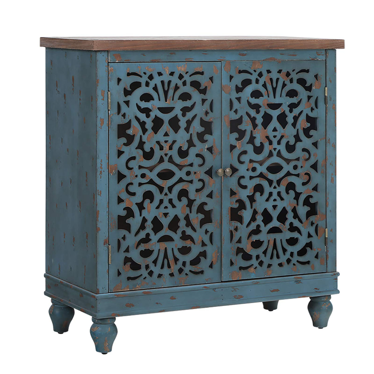 Sophia & William Accent Cabinet with Doors, Distressed Display Storage Cabinet with Wooden Frame and Hollow-Carved Floral Patterns for Entryway Living Room, Blue Sophia & William