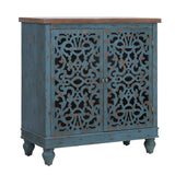 Sophia & William Accent Cabinet with Doors, Distressed Display Storage Cabinet with Wooden Frame and Hollow-Carved Floral Patterns for Entryway Living Room, Blue Sophia & William