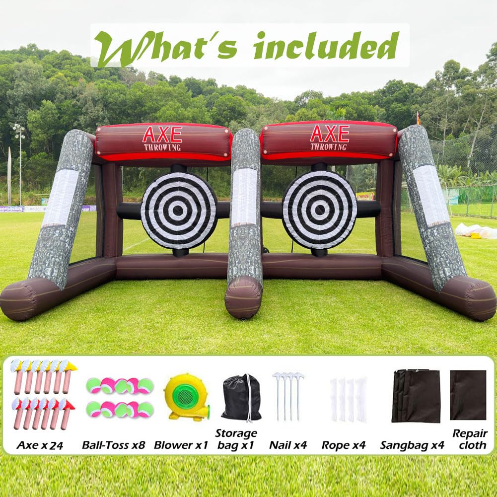 Dual Inflatable Axe Throwing Inflatable Ball Toss Target Dart Board with 24 Axes+16 Toss Ball+ 8 Soccer Balls for Interactive Sport Games, Double Darts for 2 Players WoodArtSupply