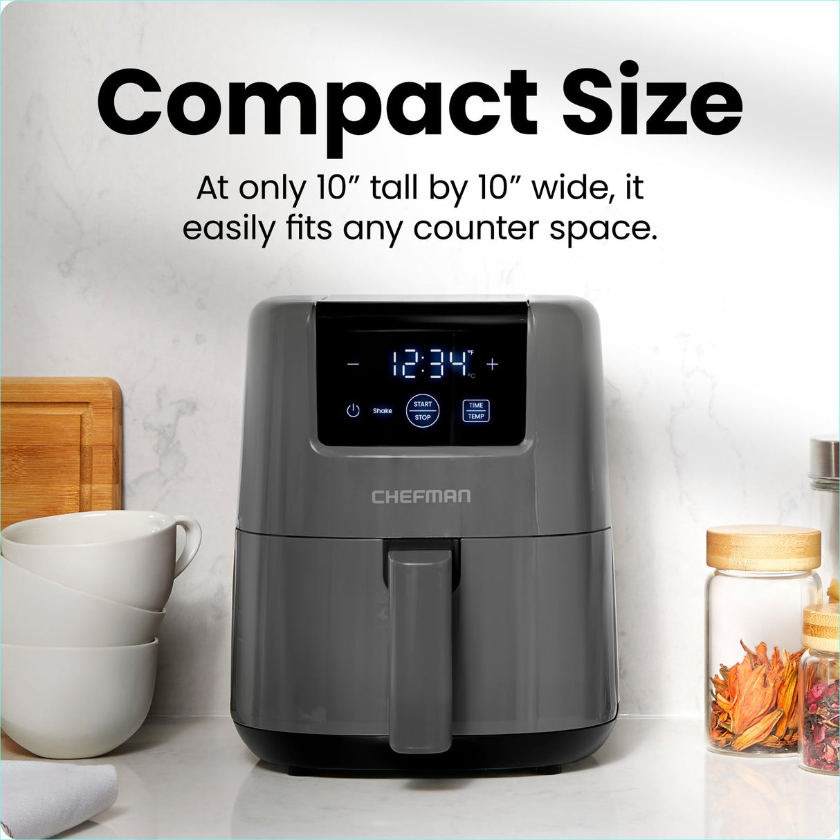 CHEFMAN 2 Qt Mini Air Fryer – Digital Space-Saving Compact Air Fryer with Nonstick and Dishwasher Safe Basket, Quick & Easy Meals in Minutes, Features Digital Timer and Shake Reminder – Grey Chefman