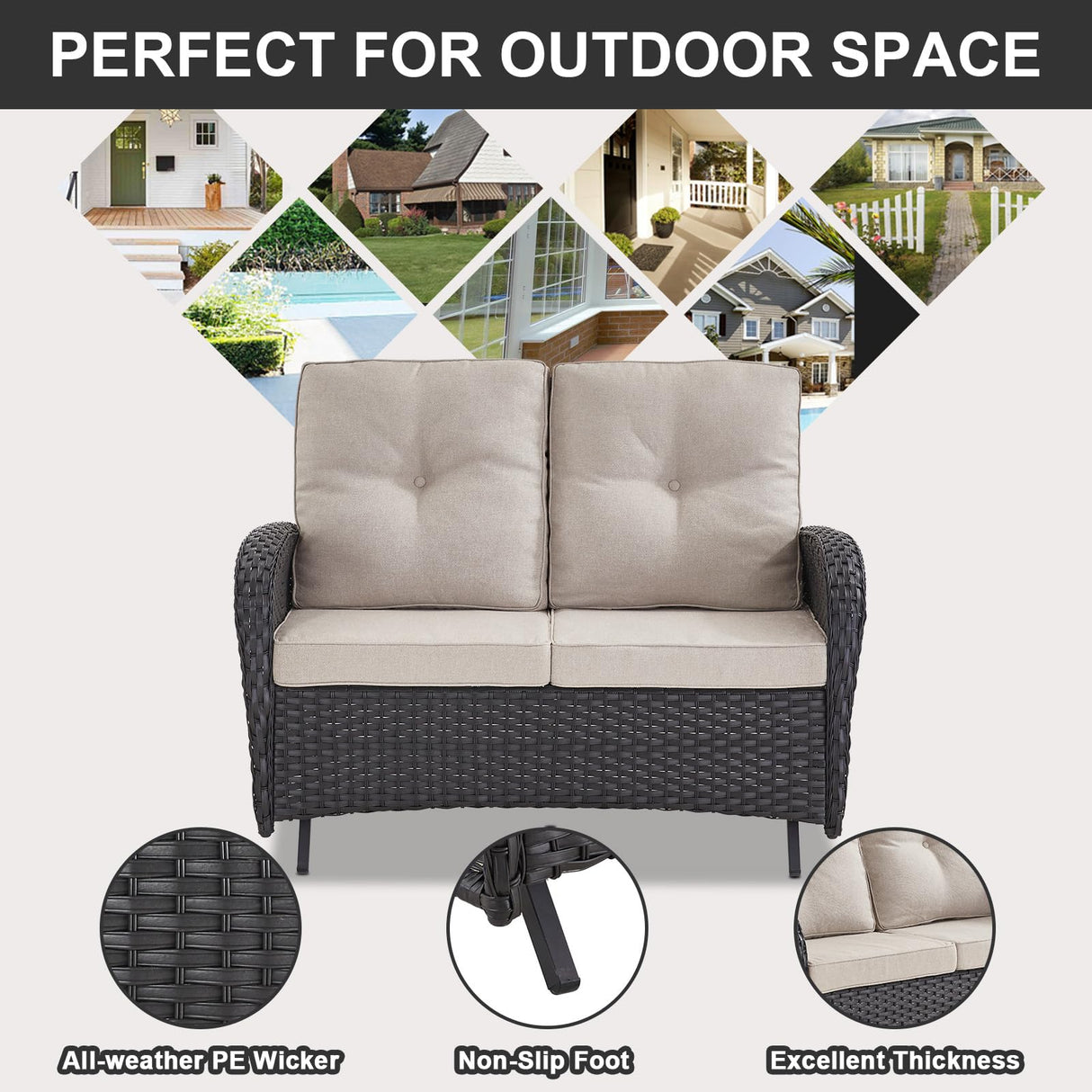 Belord Outdoor Glider Bench Patio Loveseat - 500 Lbs Weight Capacity 2 Seater Wicker Sofa, Small Porch Glider Furniture All Weather Rattan Couch with Removble Cushion for Balcony Deck Backyard, Black Belord