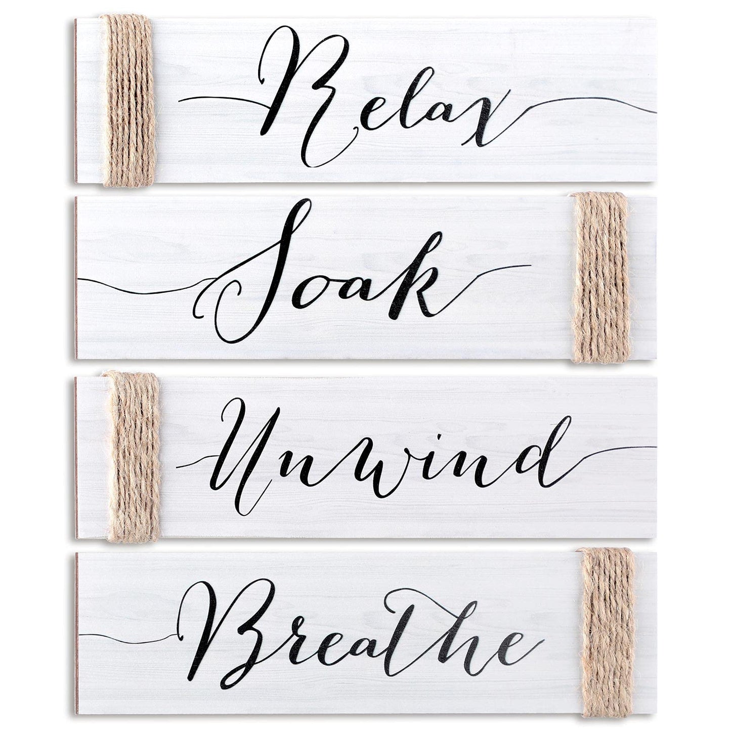 4 Pieces Farmhouse Bathroom Decor Wall Art Bathroom Sign Rustic Bathroom Decor Relax Soak Unwind Breathe Wood Sign for Home Spa Bathroom Decor, 11.8 x 3 Inch (White)