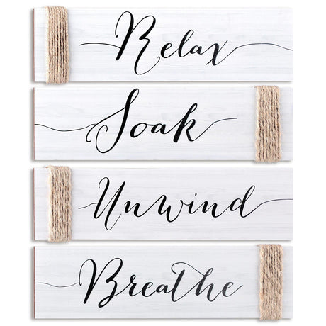 4 Pieces Farmhouse Bathroom Decor Wall Art Bathroom Sign Rustic Bathroom Decor Relax Soak Unwind Breathe Wood Sign for Home Spa Bathroom Decor, 11.8 x 3 Inch (White) Jetec