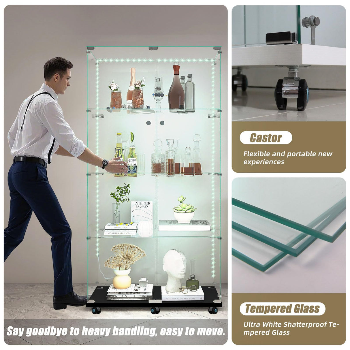 Glass Display Cabinet with 12 Color Lights and Lock 4-Tier 2-Door Curio Cabinets with Wheels Full Vision Showcase Tempered Glass Display Case for Living Room Bedroom Office, 65"*30.9"*13.6"Black Buzleer