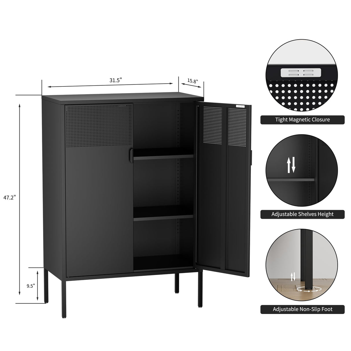 Ustamio Black Metal Storage Cabinet, Metal Locker Storage Cabinet with Doors and Shelves, 3 Tier Steel Office Storage Cabinet, Metal Sideboard for Home, Office, Kitchen and Coffee Bar Ustamio