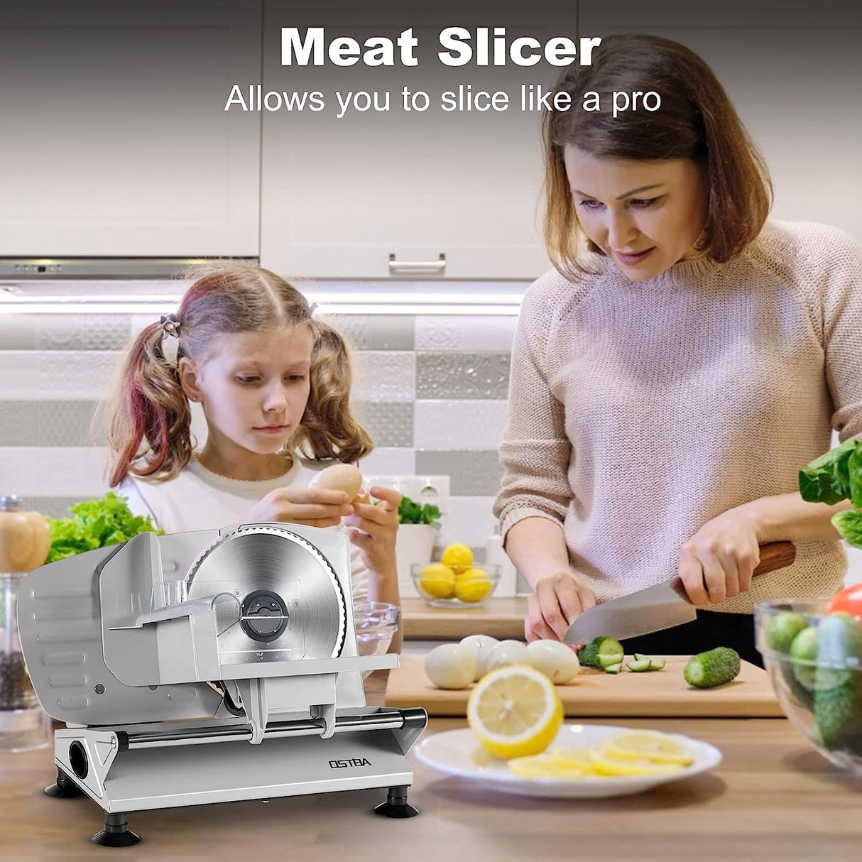 OSTBA Meat Slicer Machine for Home, Electric Deli Food Slicer with Removable 6.7” Stainless Steel Blades, 0-15mm Adjustable Thickness, Easy to Clean, 150W, Ideal for Cold Cuts, Cheese, Bread, Fruit OSTBA