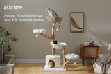 MUTTROS 59" Modern Cat Tree Tower for Large Cats w/2 Flower Perches-Natural Solid Wood Scratching Post with Real Branch-Luxury Boho Cat Furniture w/Condo & Wicker Basket Bed, Cloud White MUTTROS
