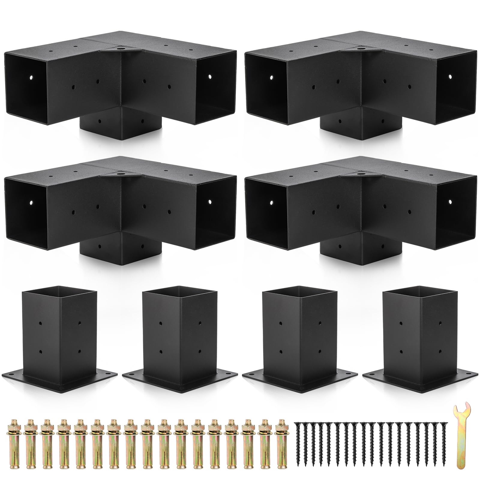 Yesland 8 Pcs Pergola Brackets Kit, 4 x 4 Inch 3-Way Right Angle Corner Bracket Post Bracket Elevated Wood Stand Kit with Black Coating Inner Size 3.6 X 3.6 Inch for Lumber, Gazebos, Patio Pe - WoodArtSupply