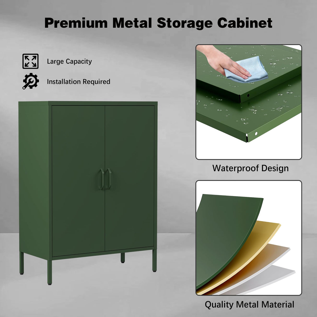 Bevivog Green Metal Locker Cabinet with 2 Doors, Metal Accent Cabinets with 2 Adjustable Shelves Home Office Storage Lockers Sideboard for Kitchen Living Room Hallway Entryway Bevivog