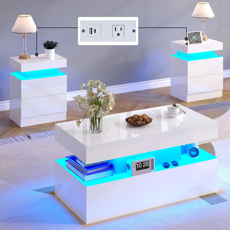 LUXOAK 3 Pieces Living Room Table Set, Modern High Gloss Coffee Table Set with LED Light and Storage Space, 2 End Side Tables with Charging Station for Living Room, Office, White LUXOAK