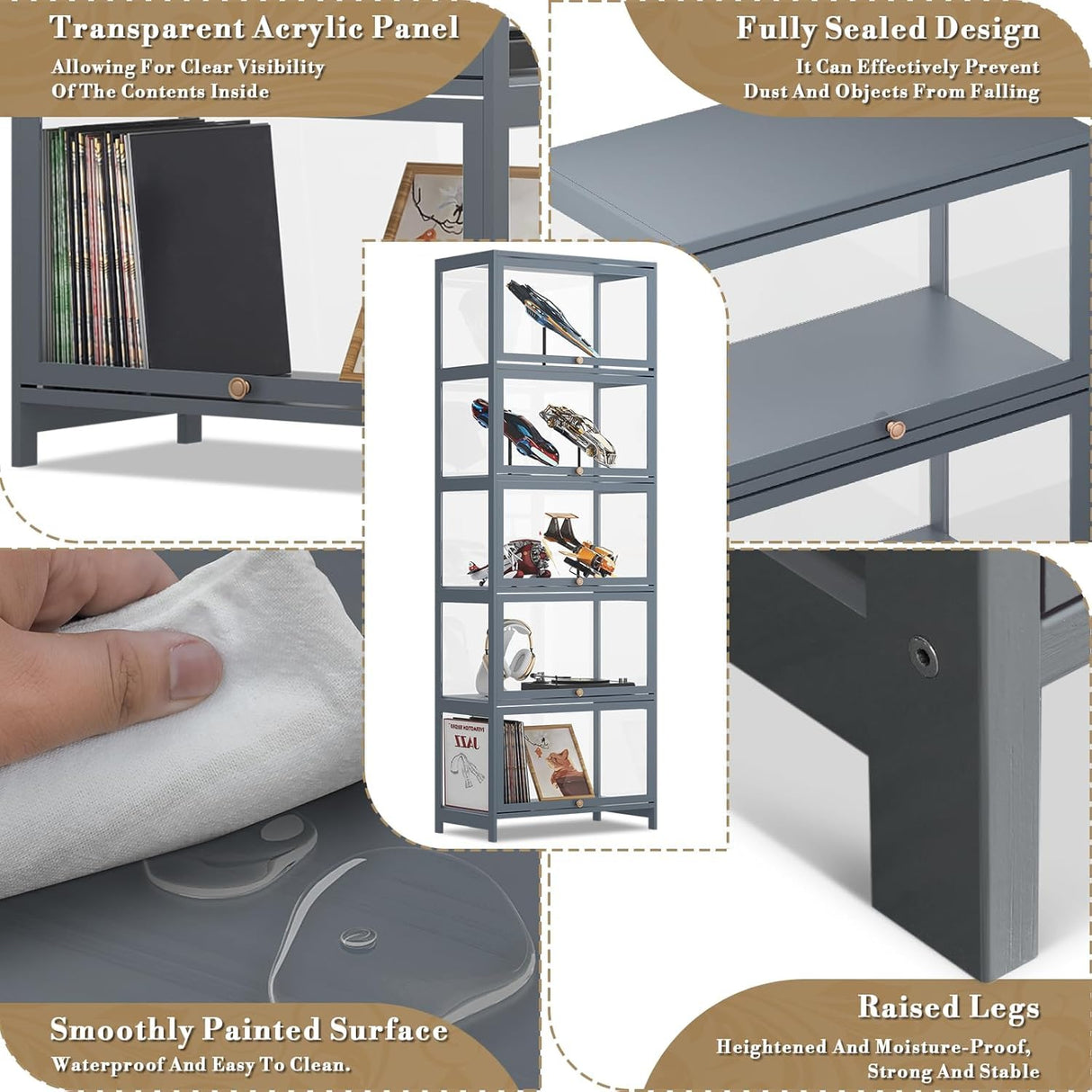 Athena Collection Curio Display Cabinet with Acrylic Doors, 5-Tier Clear Display Case 65” Hight Display Shelf for Trophy Figures Curio Collectibles for Living Room Bedroom, Grey Athena Collection