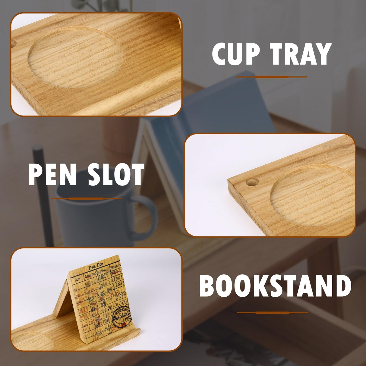 Wooden Triangle Book Stand with Drink Holder, Library Card Design Book Holder Page Rest, Night Stand Book Holder with Pen Slot, Gift for Book Lovers, Readers, Librarians, Writers Tanfeine