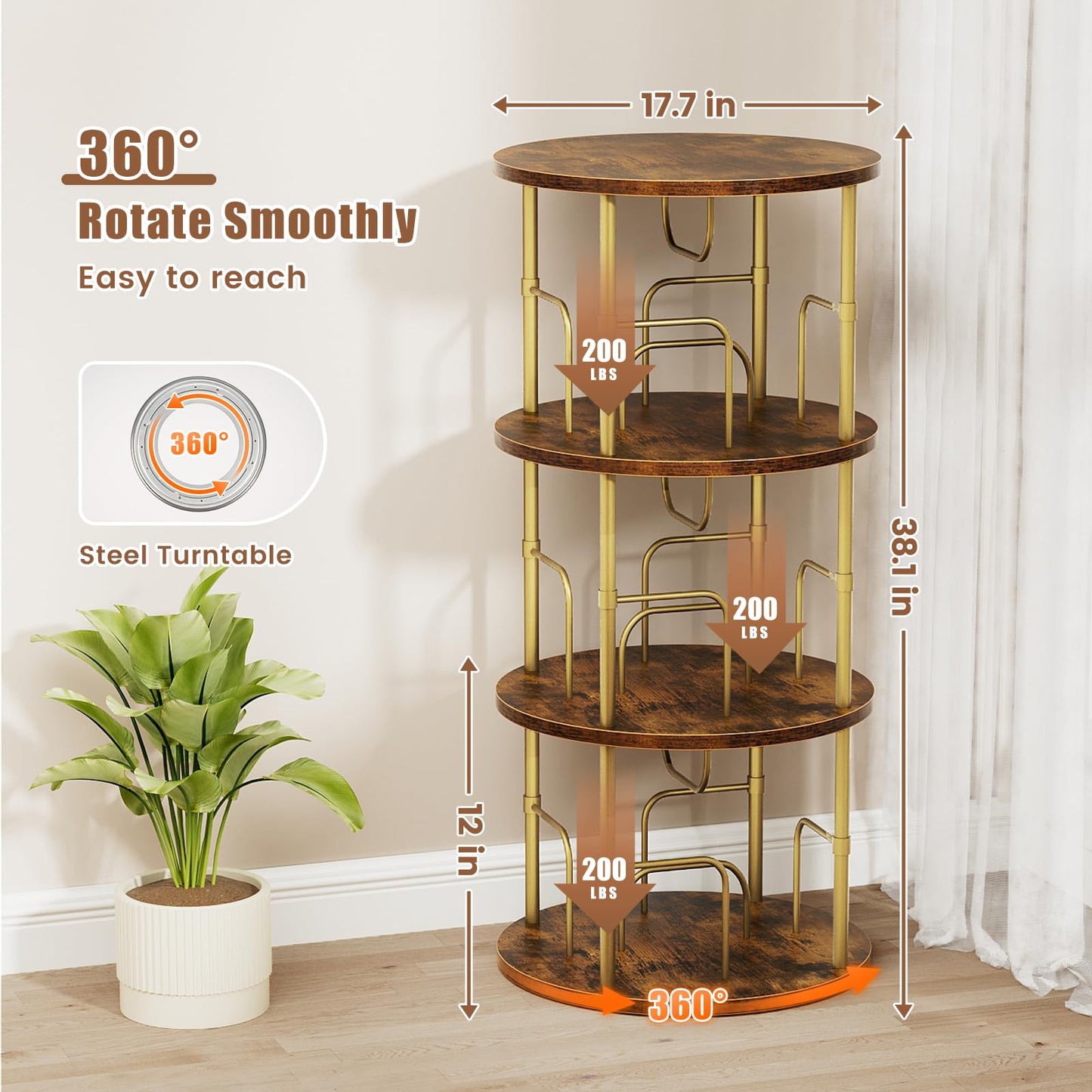 Sleek Gold 3-Tier Rotating Bookshelf with 360° Display and Partition Storage - WoodArtSupply