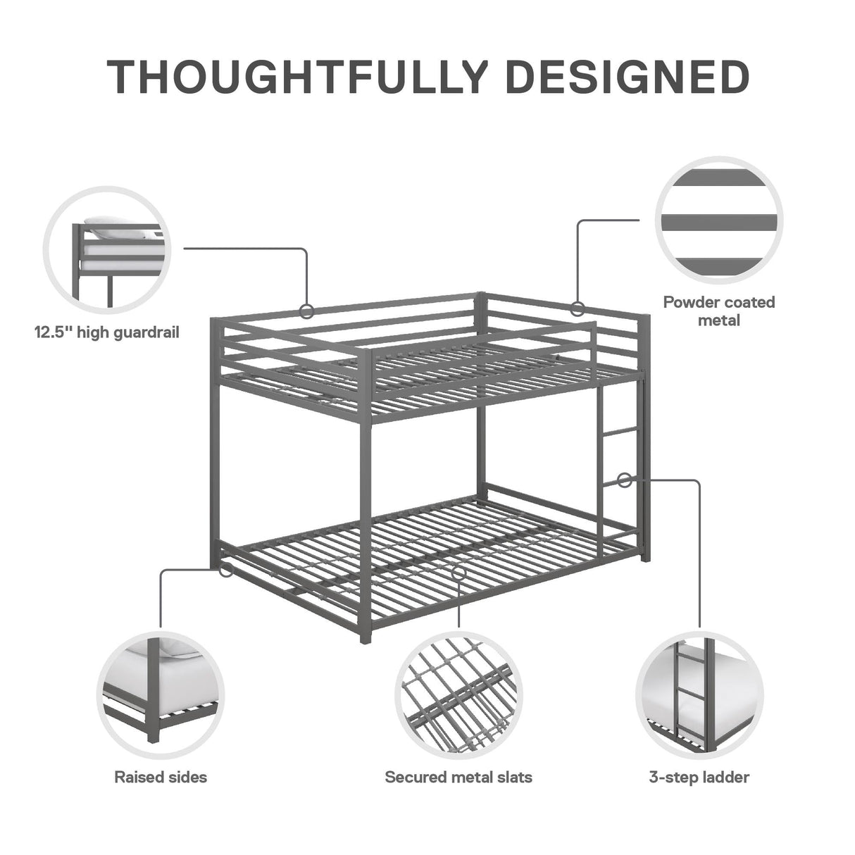 DHP Miles Low Metal Bunk Bed Frame for Kids, With Built-in Ladder, High Guardrail and Metal Slats, Floor Bed Bottom Bunk, No Boxspring Required, For Small Spaces, Full-Over-Full, Silver DHP