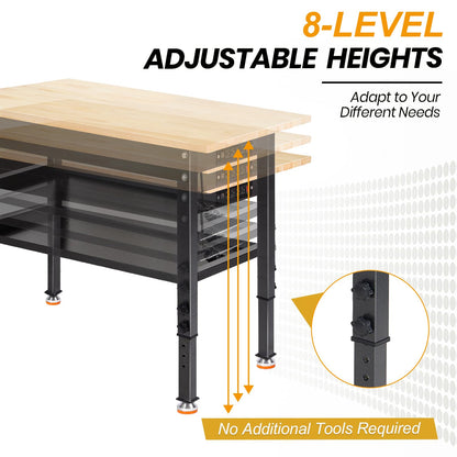 48"/60'' Adjustable Workbench, Rubber Wood Top Work Bench Heavy-Duty Work Table w/Power Outlet, Partition,2000 LBS Load Capacity Work Benches for Garage, Workshop, Home, Office, Easy Assembly - WoodArtSupply