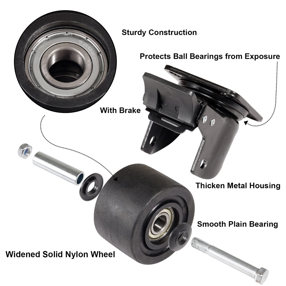 W B D WEIBIDA Plate Swivel Caster Wheels 3-inch Heavy Duty of 4400lbs, Low Gravity Center Design Black Caster Wheels with Brake, Durable & Quiet & Sturdy Nylon Wheels for Industrial, Set of 4 W B D WEIBIDA