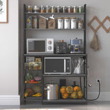 Chnnmbrn Kitchen Bakers Rack with Baskets and Power Outlet,5-Tier Kitchen Utility Storage Shelf with Hooks, Microwave Oven Stand Rack,Vintage Grey Free Standing Kitchen Shelf Chnnmbrn