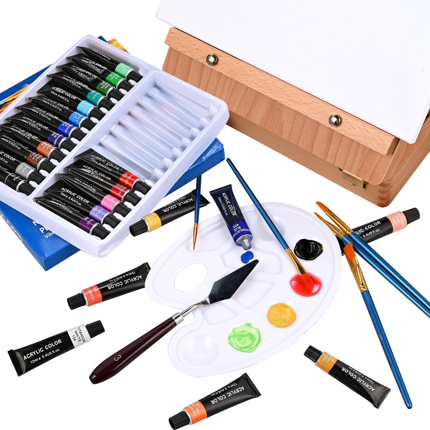 Tabletop Easel Acrylic Paint Set, 40 Pack Painting Kits for Adults, Painting Supplies with 24 Acrylic Paints, 10 Brushes, Art Easel, Paint Palette, Canvas, Paint Set Gifts for Students Artist Beginner