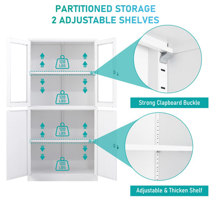 MIIIKO Metal Storage Cabinet with Glass Doors, 2 Tier White Steel Cabinet with Adjustable Shelves and Locking Doors, for Home Office, School and Hospital - WoodArtSupply