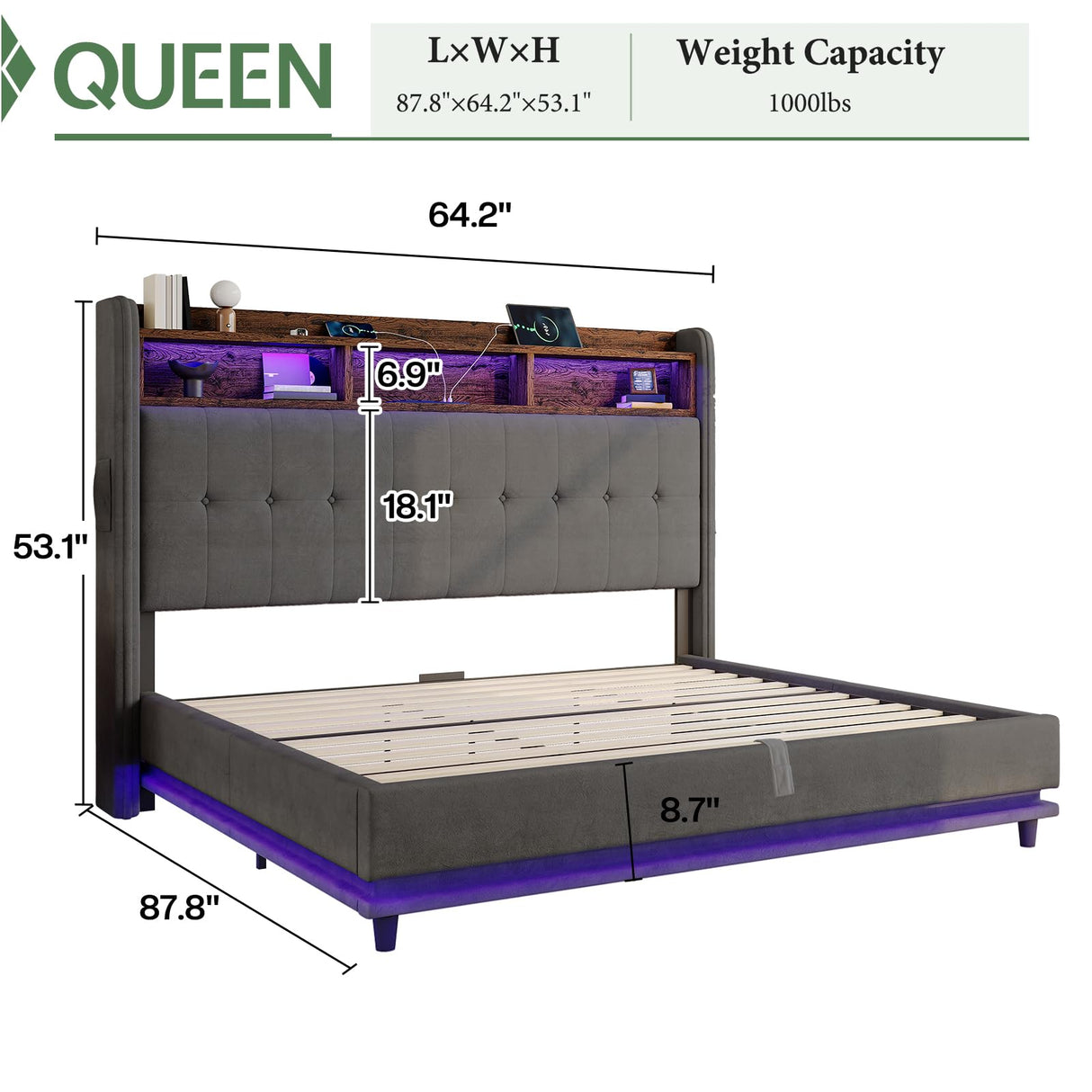 Jocisland 53.1" H Queen Size Bed Frame with Hydraulic Lift Up Storage, RGB LED & Built-in Bookcase Headboard, Velvet Upholstered Wingback Design, No Box Spring Needed, Dark Grey Jocisland
