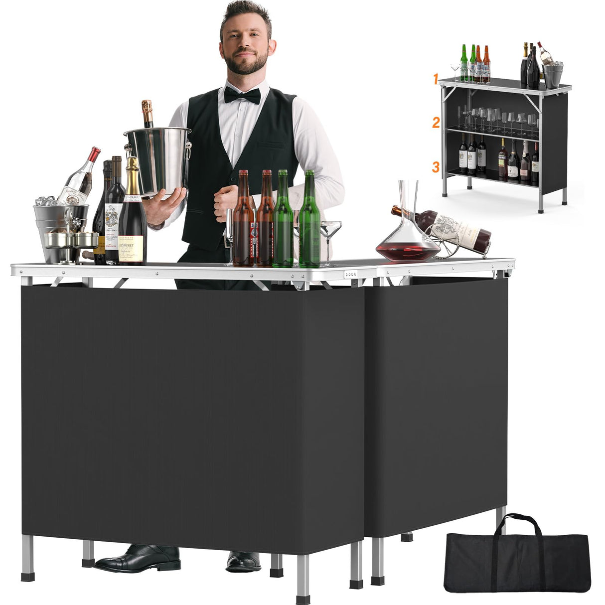 VINGLI 39" Portable Bar Table, 3-Tier Shelves, Mobile Bar Table for Events, Party, Camping, Picnic, Tradeshow, Indoor with Black Skirt(1 Pack) (2, 39") VINGLI