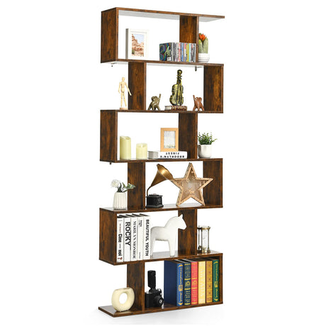 Tangkula 6 Tier S Shaped Bookshelf, 31.5''L x 9''W x 75''H, Wooden Bookcase and Bookshelves w/Anti-Toppling Device, Room Divider Display Shelves for Living Room, Home Decor, 6 Shelf Bookshelf Tangkula
