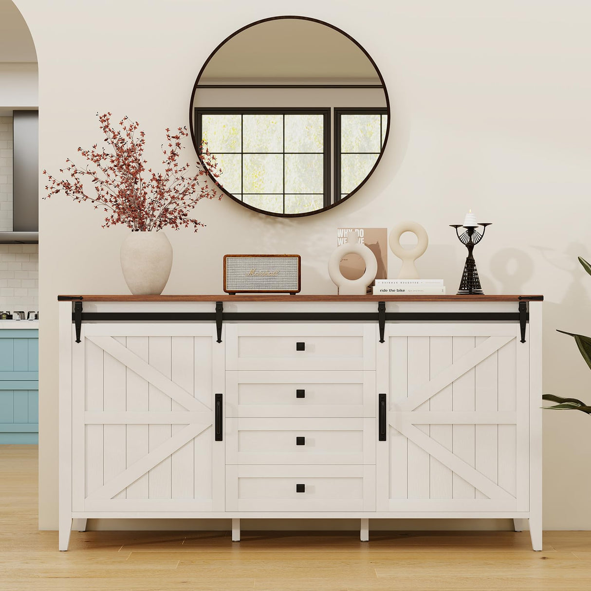 GlouMod 60" Farmhouse Buffet Cabinet with Storage, Sideboard with Shelves and Sliding Barn Door, Neoclassical White Dresser for Bedroom, Coffee Bar Cabinet for Kitchen, Living Room GlouMod