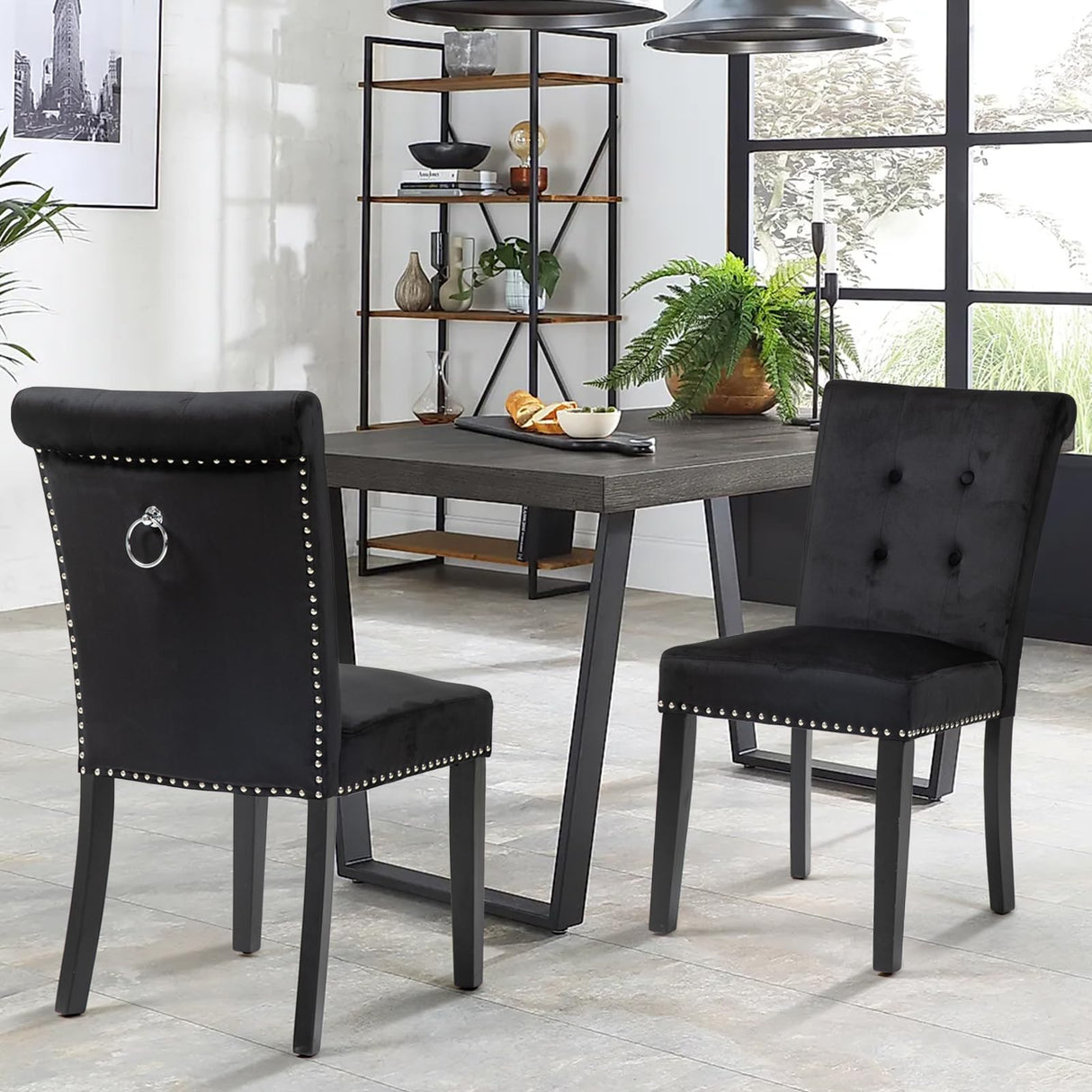 VDAOQVG Upholstered Velvet Dining Room Chairs Set of 2 for Dining Room, Set of 2 Kitchen Chairs with Gold Nailhead and Metal Ring Upholstery, Solid Wood Dining Chairs Set of 2 for Restaurant (Black) VDAOQVG
