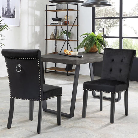 VDAOQVG Upholstered Velvet Dining Room Chairs Set of 2 for Dining Room, Set of 2 Kitchen Chairs with Gold Nailhead and Metal Ring Upholstery, Solid Wood Dining Chairs Set of 2 for Restaurant (Black) VDAOQVG