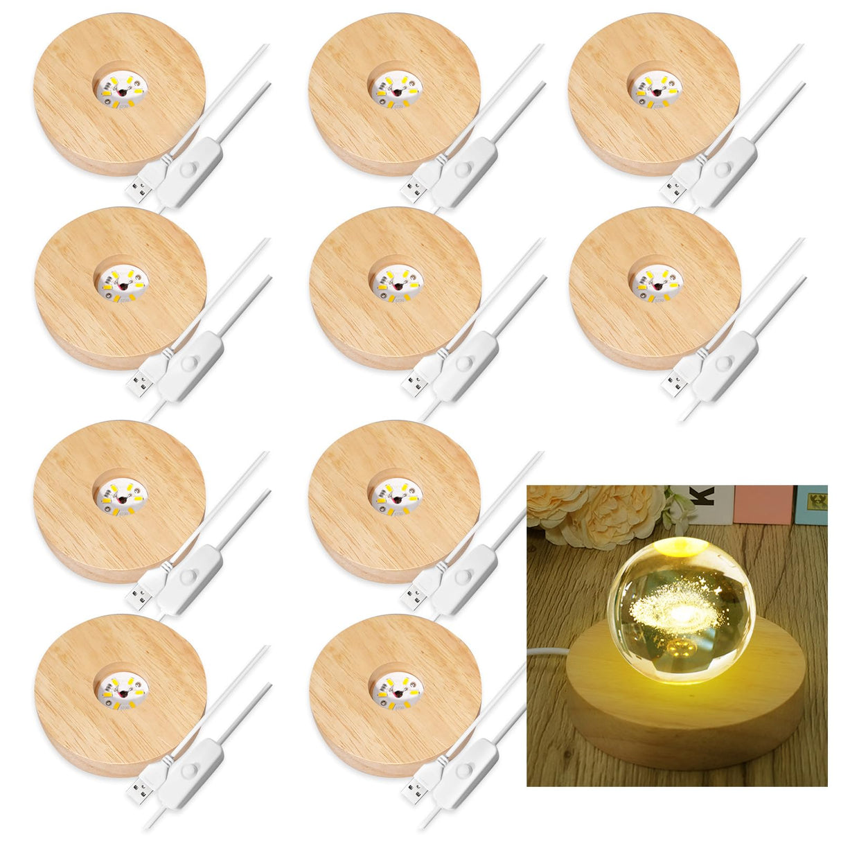 Olutacot 10 Pcs Wooden LED Display Bases Round Wood Display Lighted Bases for Glass Art LED Lighted Display Stand Bases for 3D Crystal Ball Room Office Home Decor Olutacot