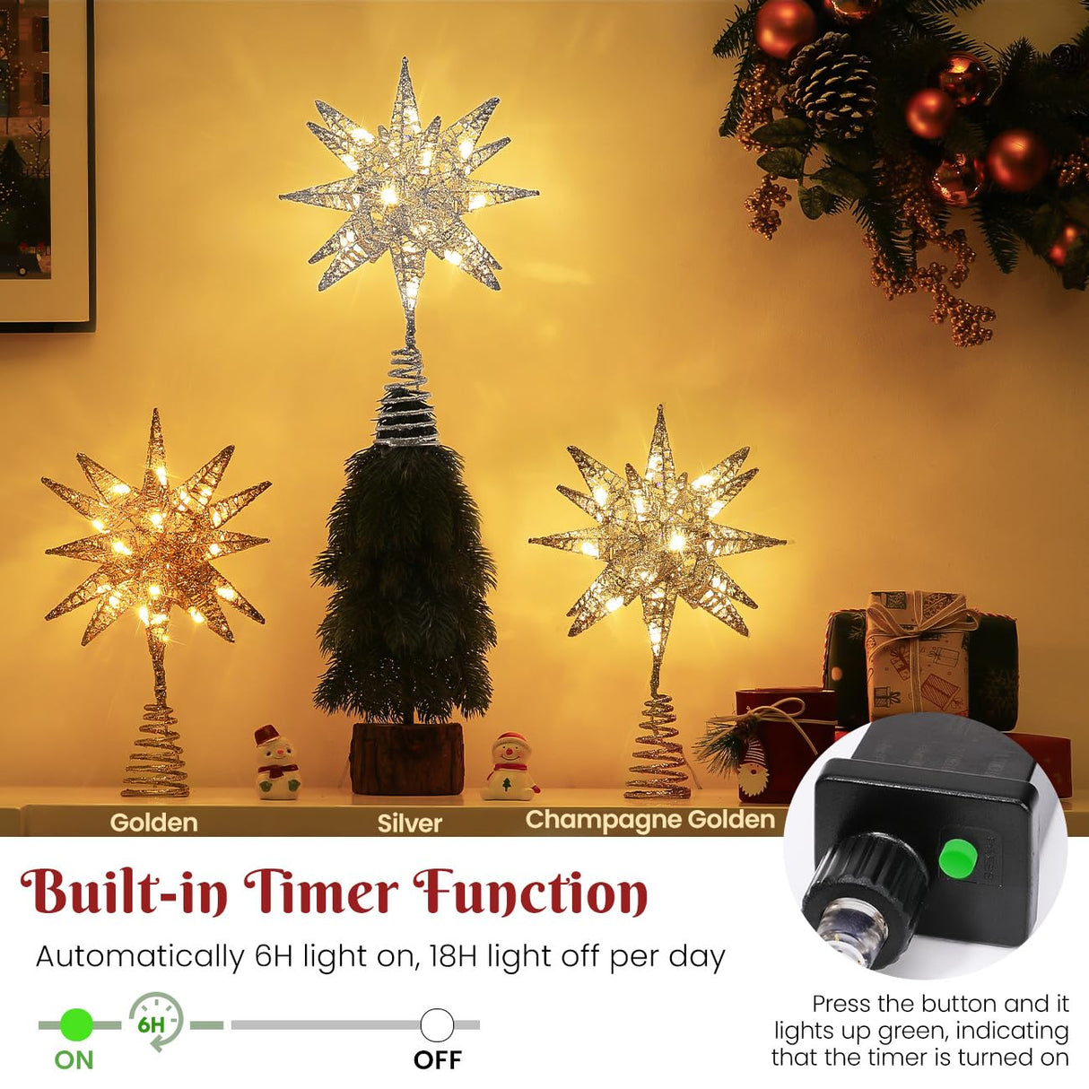 Luxspire Christmas Tree Topper, 3D Star Lighted Tree Topper, Christmas Decorations, Plug in Christmas Tree Topper with Timer, Silver Luxspire