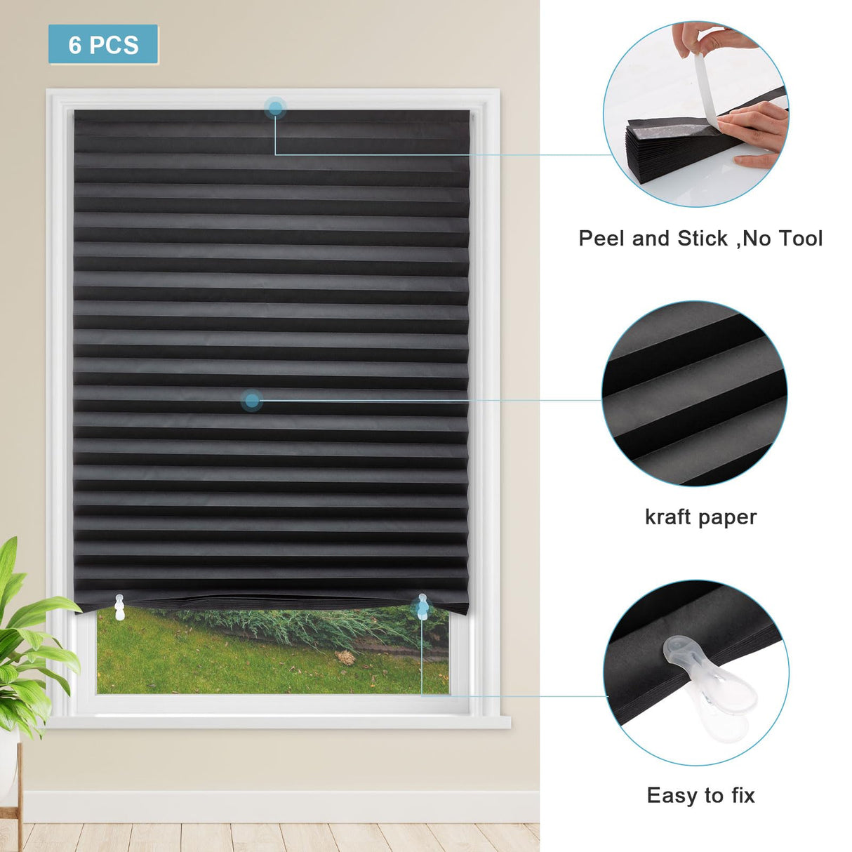 MYshade 6 Pack Temporary Blackout Paper Shades for Windows,Paper Pleated Blinds with Adhesive,No Tools No Drilling Free Cut Size Temporary Room Darkening Shades(Black, 36" W x 72" H) MYshade