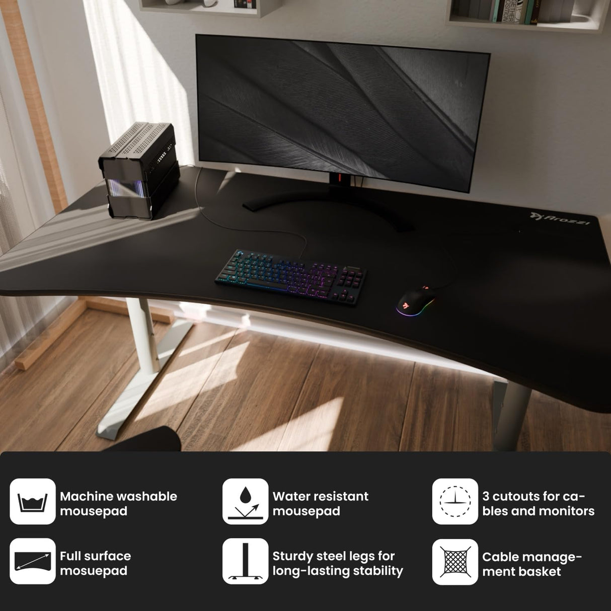Arozzi Arena Ultrawide Curved Gaming and Office Desk with Full Surface Water Resistant Desk Mat with 3 Custom Monitor Mount Cut Outs and Under The Desk Cable Management Netting - Frozen Grey Arozzi
