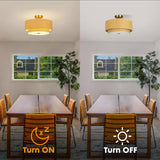 HILUXIA 16 Inch Modern Semi Flush Mount Ceiling Light Fixture, Double Rattan and Wicker Style Drum Shade, Gold Farmhouse Flush Ceiling Lamp for Bedroom, Living Room, Dining Room, Kitchen HILUXIA