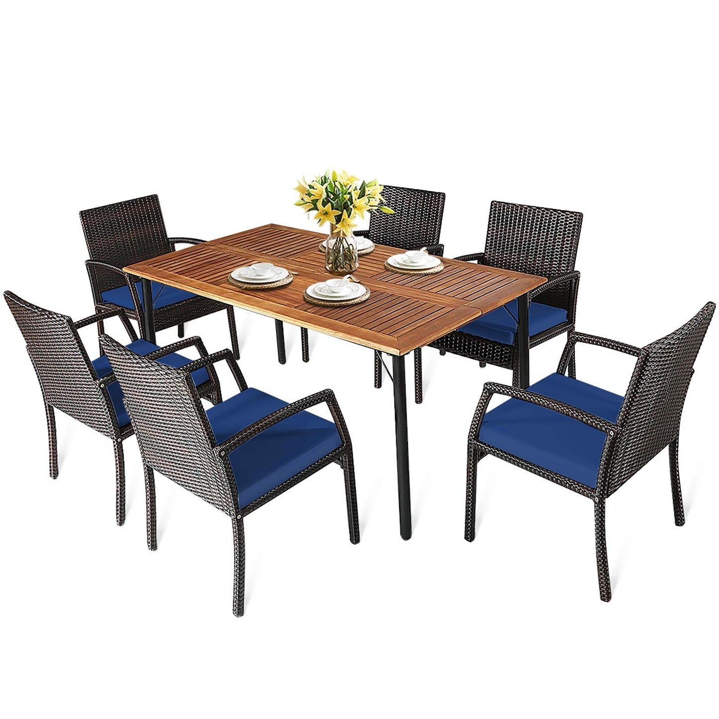 HAPPYGRILL 7 Pieces Patio Dining Set Outdoor Furniture Rattan Wicker Dining Set with Umbrella Hole, Powder Coated Steel Frame, Acacia Wood Dining Table and Armchairs with Removable Cushions