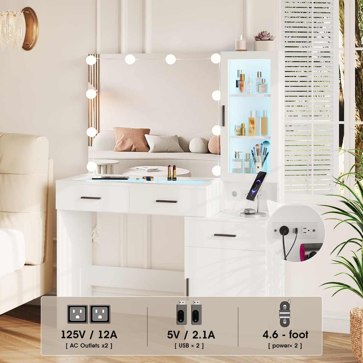 Fameill Makeup Vanity Glass Top with Lights, White Vanity Desk with Mirror & Charging Station, Vanity Table Set with RGB Lights, Large Mirror with 3 Lighting Modes, 3 Drawers & 2 Cabinets, 43in(L) Fameill