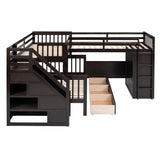 L-Shaped Bunk Bed for 4 Kids, Twin-Twin Over Full with 3 Drawers, Portable Desk and Wardrobe, Solid Wood Bedframe with Stairs and Full-Length Guardrails, No Box Spring Needed (Espresso) BEDGJH