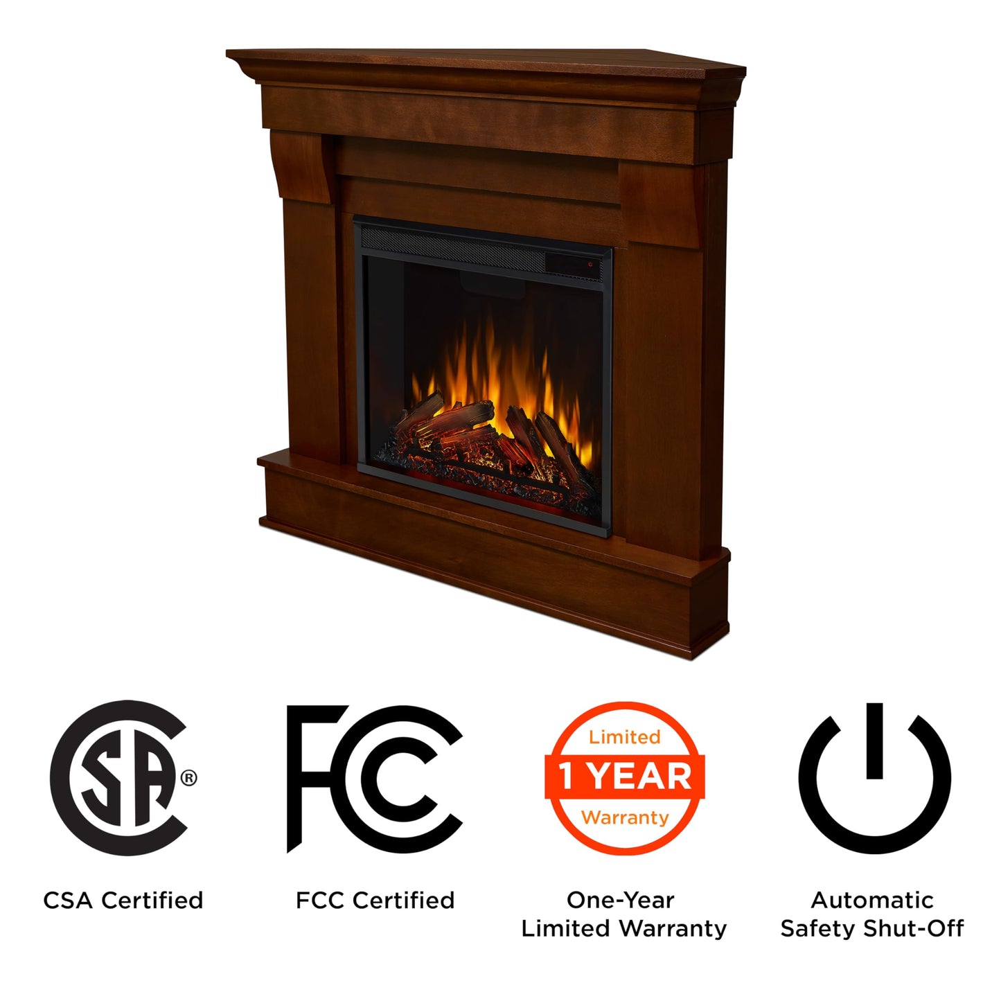 Real Flame Chateau 41" Corner Electric Fireplace with Mantel for Living Room or Bedroom, Replaceable Fireplace Insert Heater, Realistic Log and Flame Effect, Remote Control, Timer.