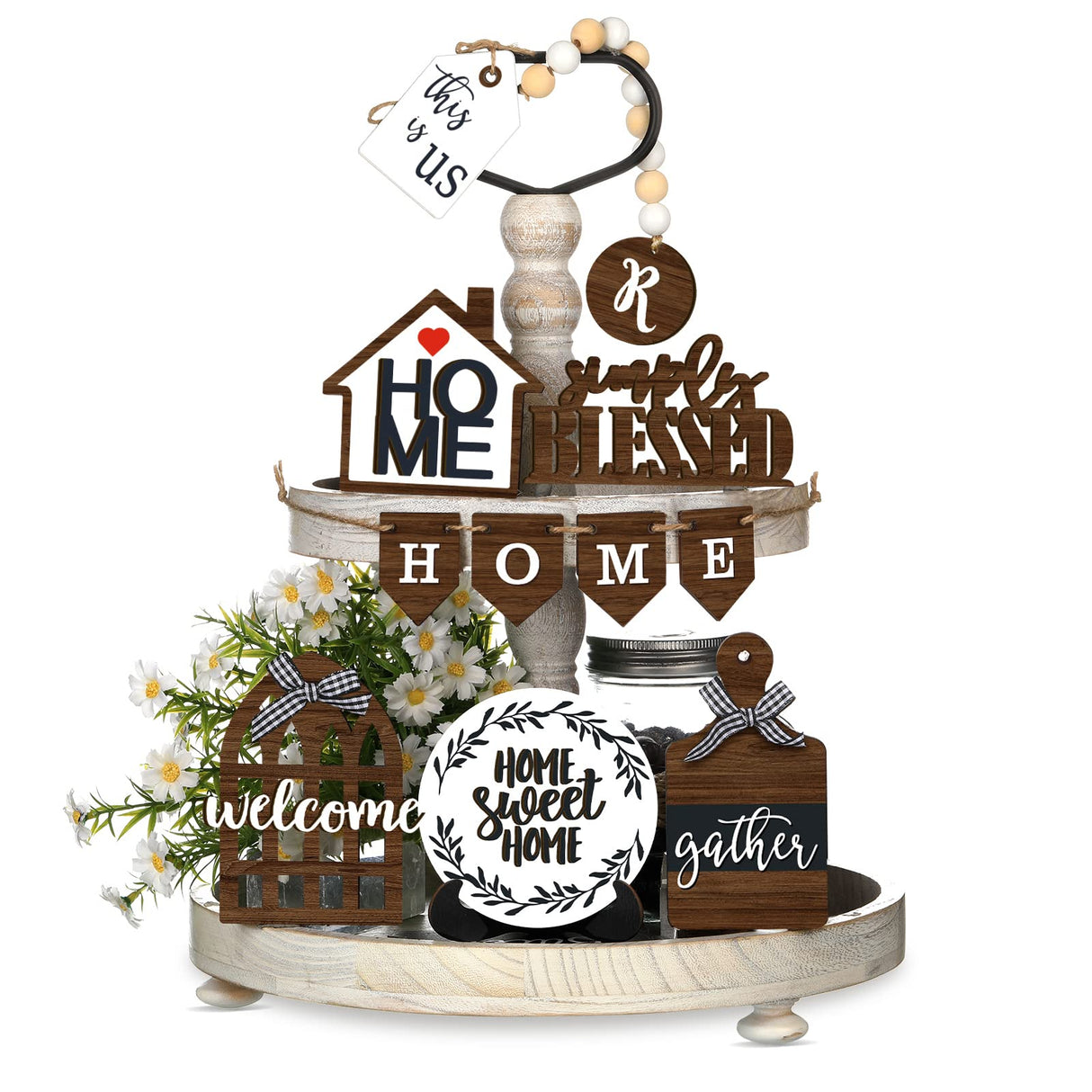 11 Pieces Farmhouse Tiered Tray Decor Home Wood Sign Rustic Home Sweet Home Simply Blessed Wooden Beads Tiered Tray Decorations Set for Home Kitchen Table Shelf (Farmhouse Style) Yalikop
