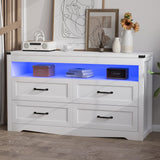 METOTI White Dresser for Bedroom with LED Lights, Farmhouse 4 Drawers Dresser with Open Shelf, Rustic Wood Chest of Storage Organizer Drawers for Living Room, Hallway METOTI