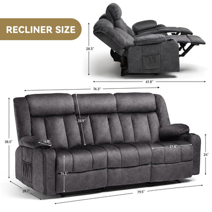 COMHOMA Manual Recliner Chair Set，Fabric Reclining Sofa Chair with Cup Holders, Upholstered Recliner with Side Pockets Suitable for Living Room Furniture (3+2+1) - WoodArtSupply