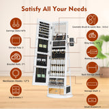 TJYGO 360° Swivel Jewelry Cabinet with Mirror, 6 LED Lights, Rotatable Full Length Mirror with Jewelry Storage Shelf, Standing Jewelry Armoire Organizer, Foldable Makeup Shelf TJYGO