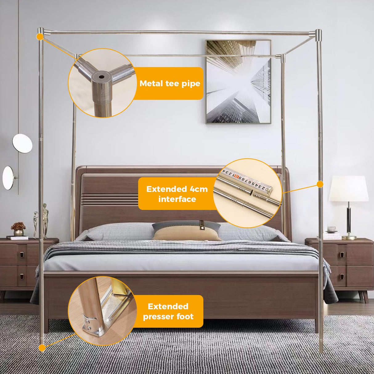 Stainless Steel Canopy Bed Frame by SEAYNFESH – Full Size Metal Frame with Sturdy Four Corners Design for Stylish Bedroom Decor SEAYNFESH