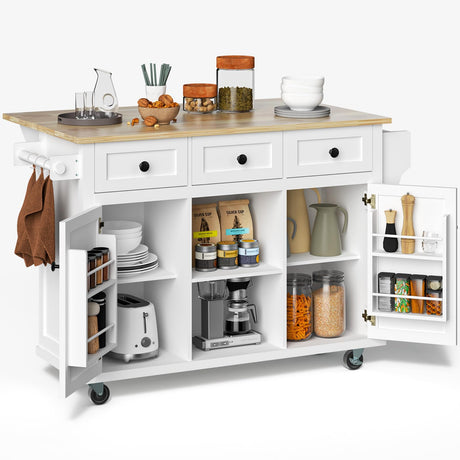 Rovibek Kitchen Island with Drawers 53 in Rolling Island Cart Mobile Solid Wood Portable Islands on Wheels with Storage Cabinet & Drawers, White Rovibek
